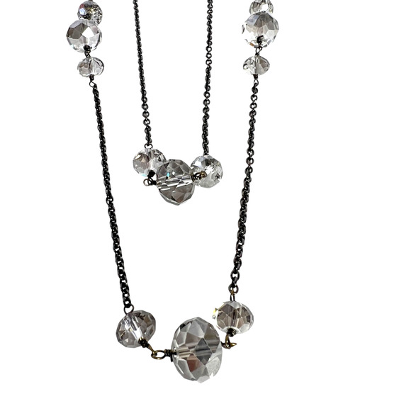 Fashion Necklace Faceted Smokey Gray Sparkly Station Beads Gun Metal 2-Strand - Picture 2 of 10